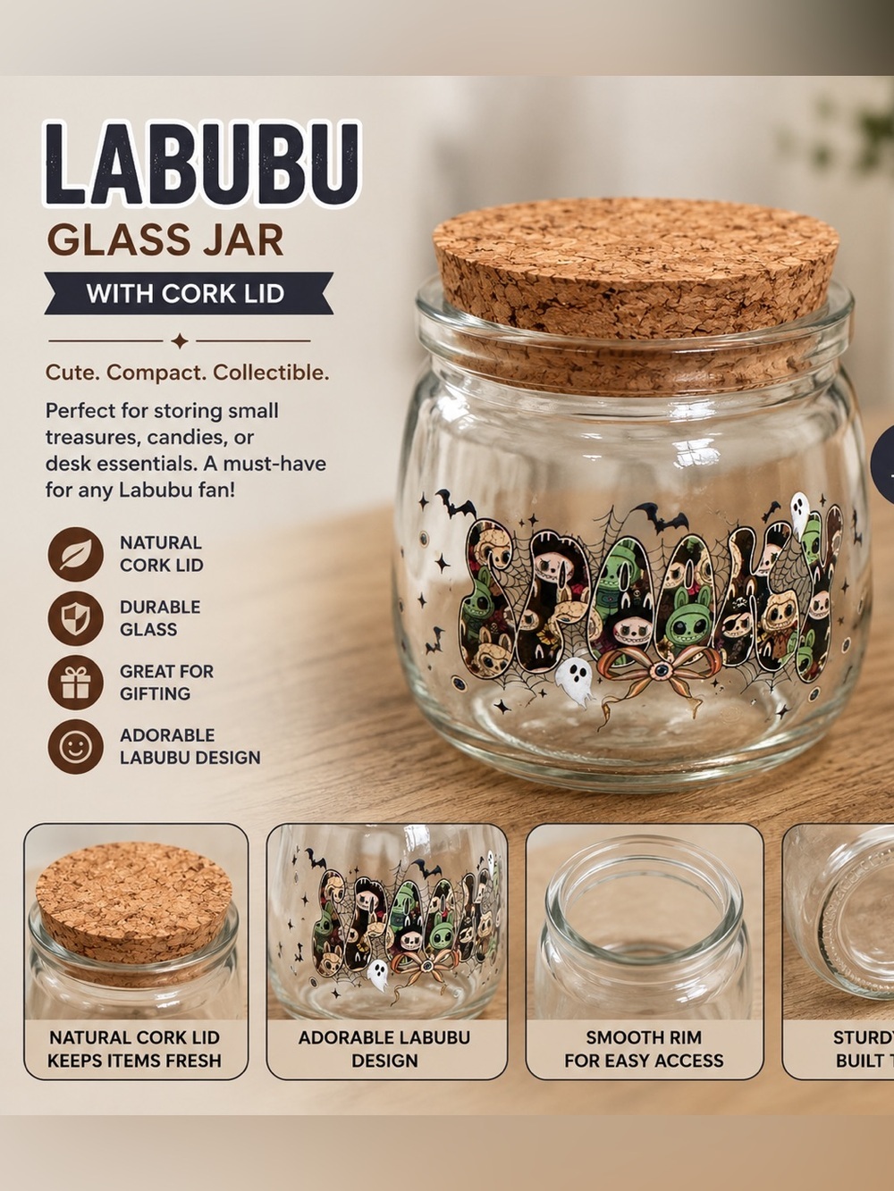 LABUBU Glass Jar with Cork Lid - Clear Glass with Multicolor Design 3In tall